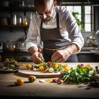 Chef plating a colorful gourmet dish with herbs and vegetables - Image 1