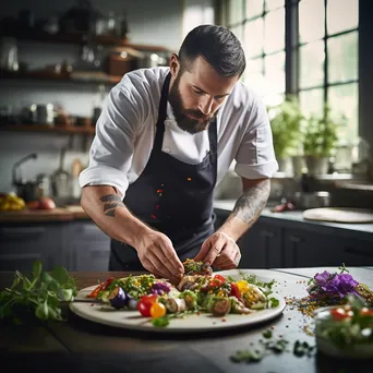 Chef plating a colorful gourmet dish with herbs and vegetables - Image 3