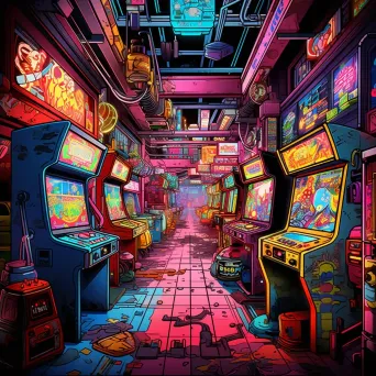 Vibrant Pop Art style depiction of a nostalgic 80s arcade scene - Image 4