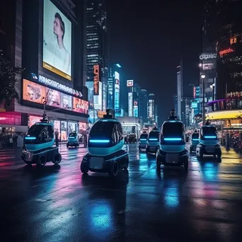 Night view of a smart city with autonomous delivery robots on the streets - Image 3