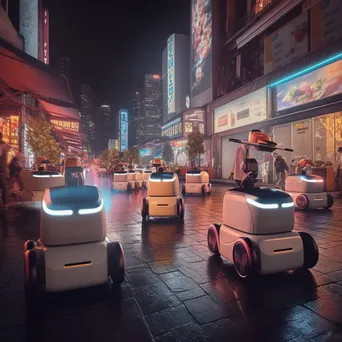 Night view of a smart city with autonomous delivery robots on the streets - Image 4