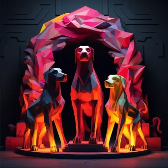 Cerberus in low poly style at the vibrant, ominous gates of the Underworld - Image 2