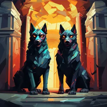 Cerberus in low poly style at the vibrant, ominous gates of the Underworld - Image 3