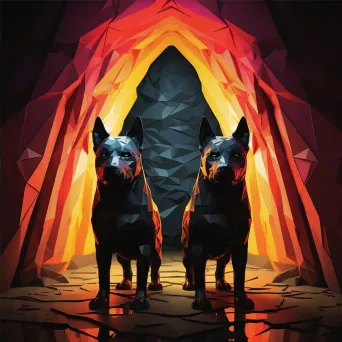 Cerberus in low poly style at the vibrant, ominous gates of the Underworld - Image 4