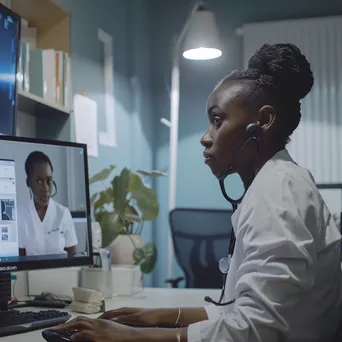 Healthcare worker on a video call for a telehealth consultation in an office. - Image 1