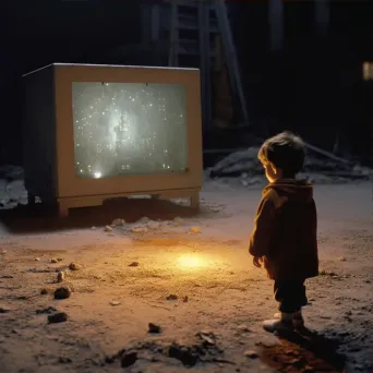 Image of a child looking in awe at a giant, glowing hologram of a computer chip - Image 3