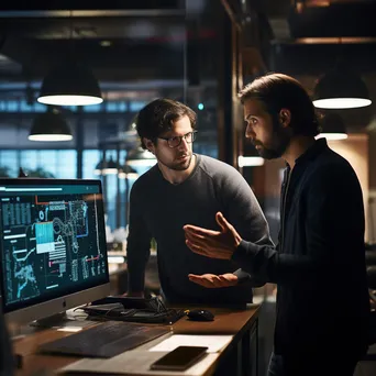 Two software engineers discussing code in a bright office setting. - Image 1