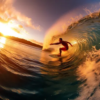 Surfer riding a massive wave at sunset - Image 1