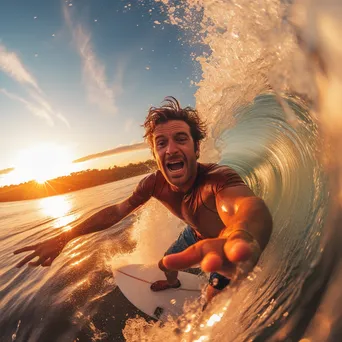 Surfer riding a massive wave at sunset - Image 2