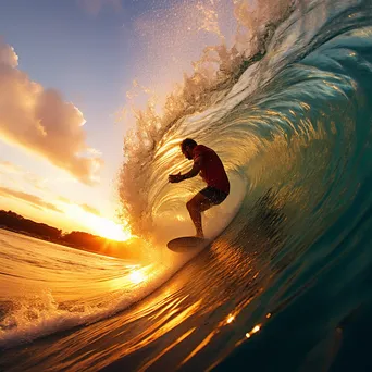 Surfer riding a massive wave at sunset - Image 3