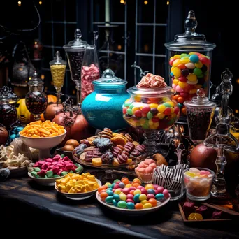 Festive Halloween treat table with candies and spooky decorations - Image 3