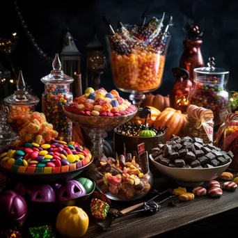 Festive Halloween treat table with candies and spooky decorations - Image 4