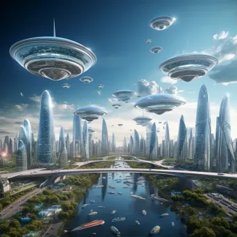 Aerial view of futuristic city skyline with flying cars - Image 1