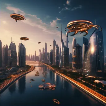 Aerial view of futuristic city skyline with flying cars - Image 2