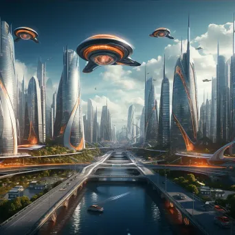 Aerial view of futuristic city skyline with flying cars - Image 3