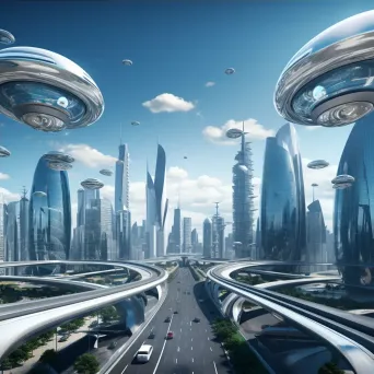 Futuristic Cityscape Aerial View with Flying Cars