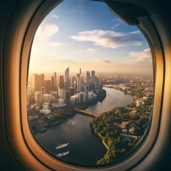 Aerial view of urban landscape with skyscrapers and river seen through airplane window - Image 1