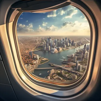 Aerial view of urban landscape with skyscrapers and river seen through airplane window - Image 3