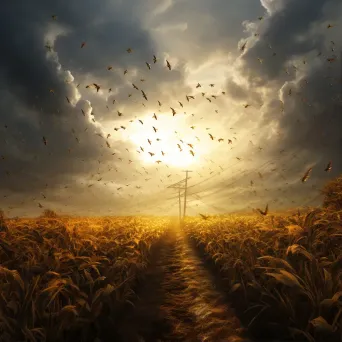 Swarm of locusts descending on a crop field, creating a dark cloud that blocks the sun - Image 1