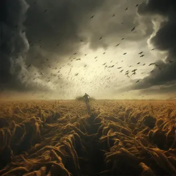 Swarm of locusts descending on a crop field, creating a dark cloud that blocks the sun - Image 2