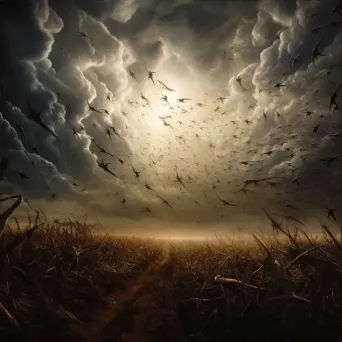 Swarm of locusts descending on a crop field, creating a dark cloud that blocks the sun - Image 4