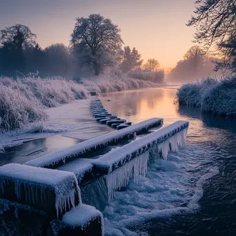 Traditional weir covered in frost during winter - Image 1