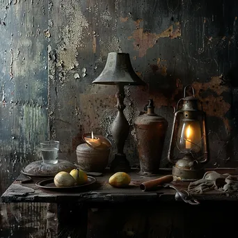 Black and white still life of vintage objects on a weathered table - Image 3