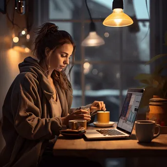 Freelancer working on laptop with coffee on rainy day - Image 1