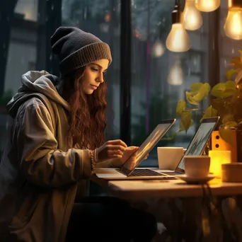 Freelancer working on laptop with coffee on rainy day - Image 4