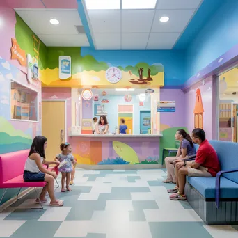 Children playing in a pediatric clinic waiting area with medical staff in the background. - Image 1