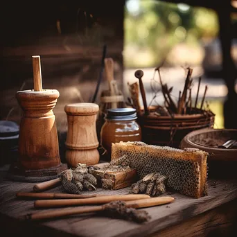 Traditional beekeeping tools displayed on a rustic wooden table with natural light. - Image 1