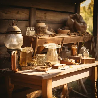 Traditional beekeeping tools displayed on a rustic wooden table with natural light. - Image 2