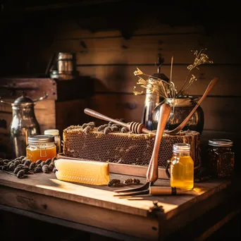 Traditional beekeeping tools displayed on a rustic wooden table with natural light. - Image 3