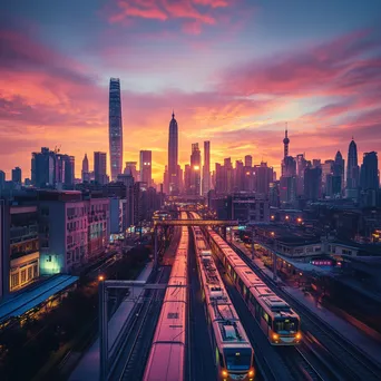 Panoramic view of a smart city skyline at twilight with integrated technology - Image 1