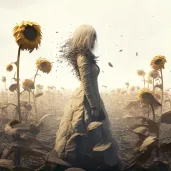 Illustration of a woman standing in a field of wilting sunflowers - Image 1