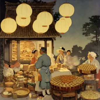 Image of a festival with mooncakes, lanterns, and a full moon in the night sky - Image 2