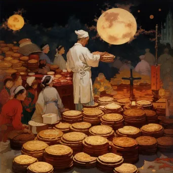 Image of a festival with mooncakes, lanterns, and a full moon in the night sky - Image 4