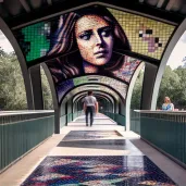 Pedestrian bridge adorned with a vibrant, community-created mosaic tile artwork - Image 2