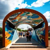 Pedestrian bridge adorned with a vibrant, community-created mosaic tile artwork - Image 3