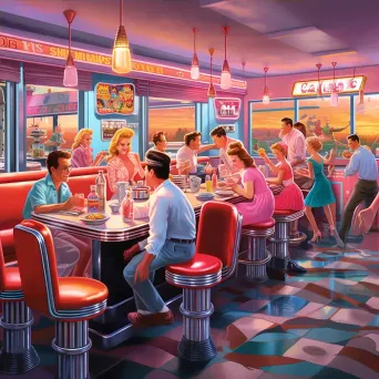 Image of a bustling 1950s diner with patrons in period attire and neon lights - Image 4