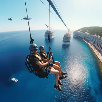 Travelers zip lining on a cruise ship. - Image 1