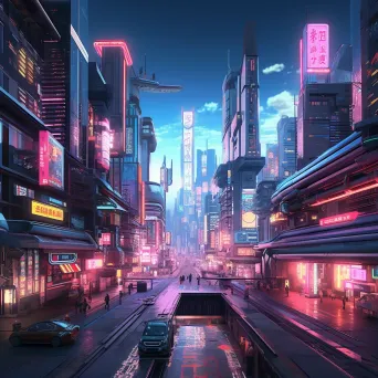 Vaporwave aesthetic interpretation of a bustling cybernetic city with floating platforms - Image 1