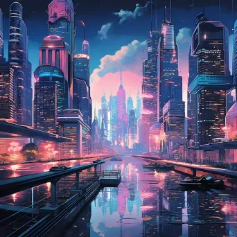 Vaporwave aesthetic interpretation of a bustling cybernetic city with floating platforms - Image 3