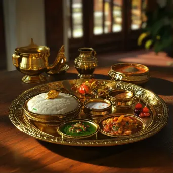 Traditional Indian thali served in brass utensils showcased in low poly art style - Image 1