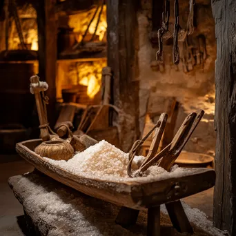 Traditional salt processing tools arranged with warm lighting - Image 1