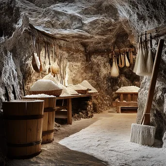 Traditional salt processing tools arranged with warm lighting - Image 3