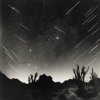 Starry night sky with meteor shower over desert landscape silhouette - Image 1