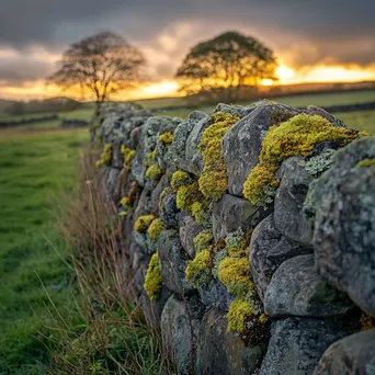 Lichen and moss on a dry stone wall in soft evening light. - Image 2