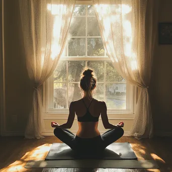 Woman practicing yoga at home with natural light. - Image 1