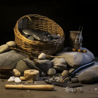 Still life composition of fishing tools and weir artifacts - Image 2